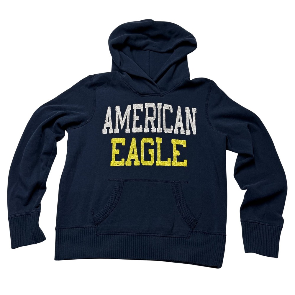American Eagle Hoodie Navy Blue Logo Pullover Womens L Retro 2009